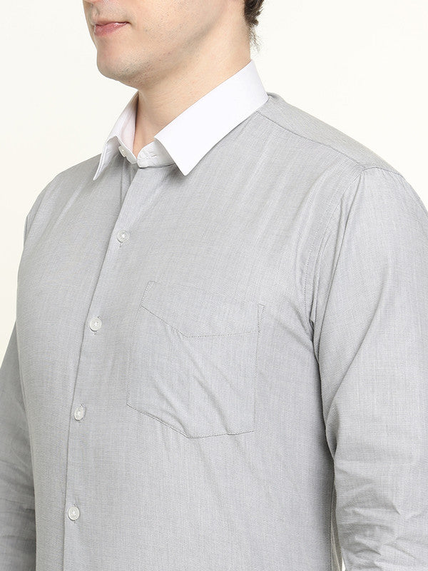 Men Grey Solid Chambray Weave Pure Cotton Slim Fit Formal Shirt