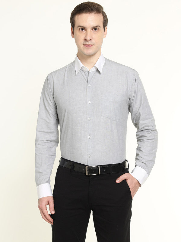 Men Grey Solid Chambray Weave Pure Cotton Slim Fit Formal Shirt