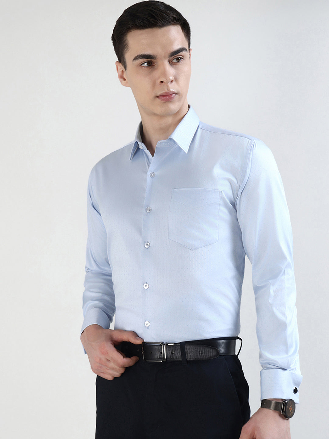 Hancock   Men   Sky Blue   Solid Self Design  Frech Cuff   Pure Giza Cotton   Slim Fit   Formal   Shirt