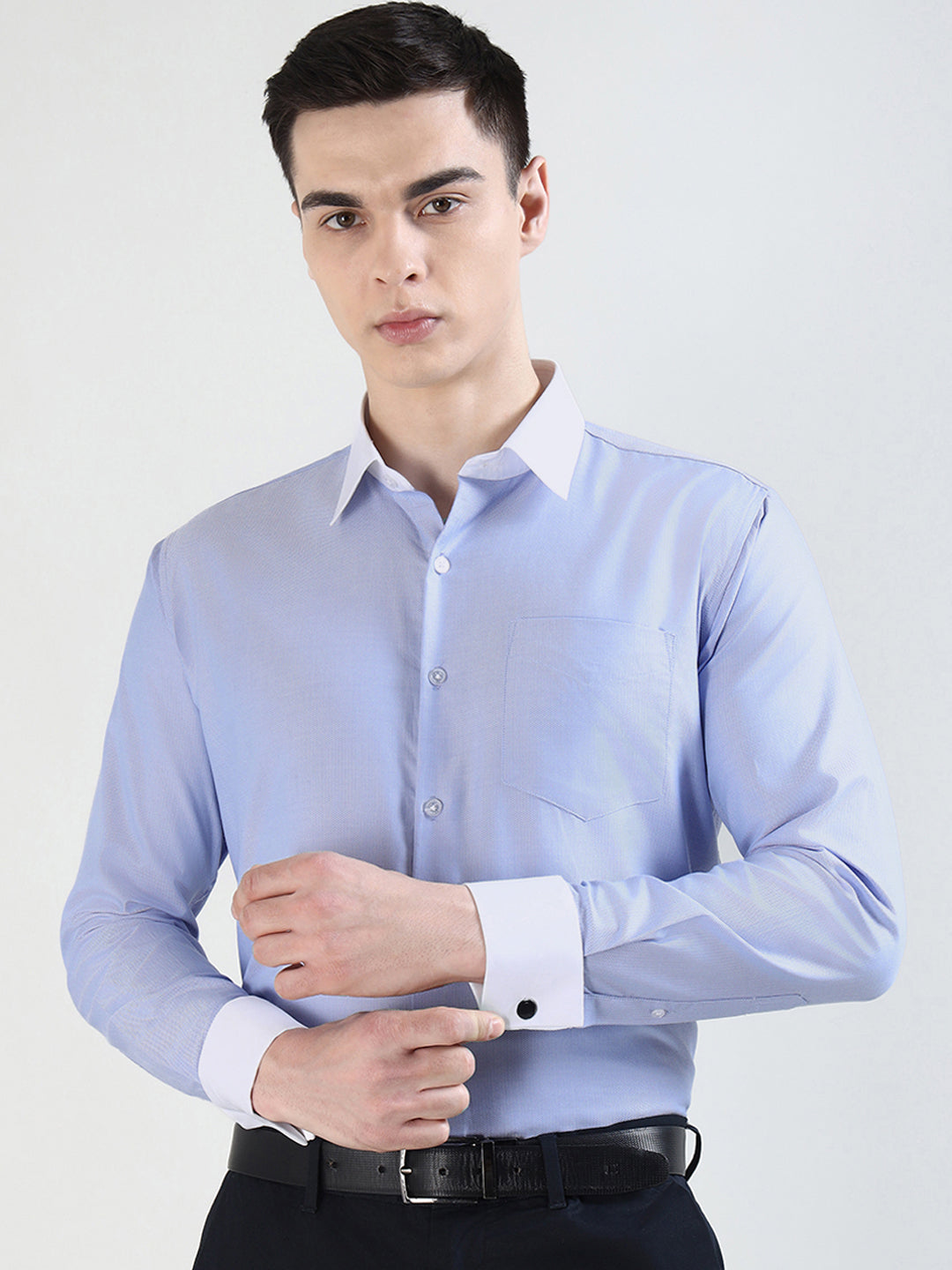 Hancock   Men   Blue   Solid Self Design  French Cuff  Pure Giza Cotton   Slim Fit   Formal   Shirt