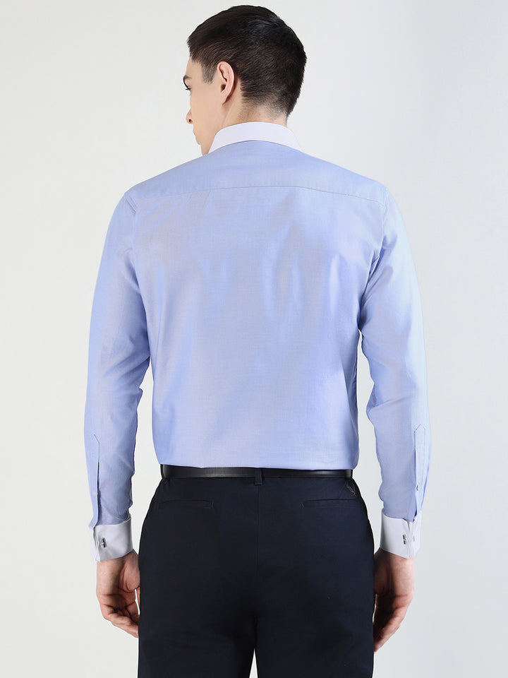 Hancock   Men   Blue   Solid Self Design  French Cuff  Pure Giza Cotton   Slim Fit   Formal   Shirt