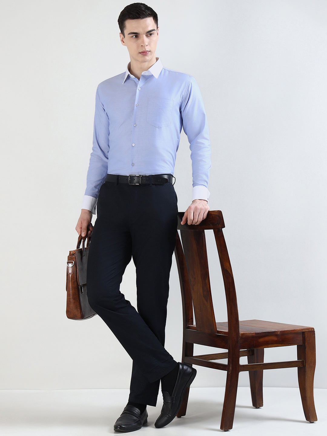 Hancock   Men   Blue   Solid Self Design  French Cuff  Pure Giza Cotton   Slim Fit   Formal   Shirt