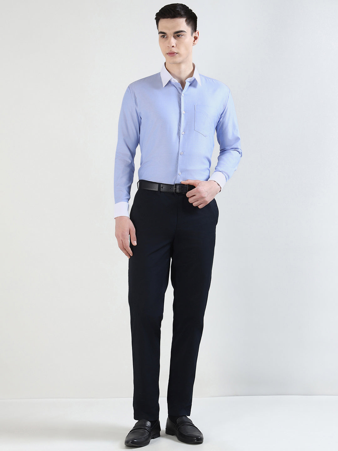 Hancock   Men   Blue   Solid Self Design  French Cuff  Pure Giza Cotton   Slim Fit   Formal   Shirt