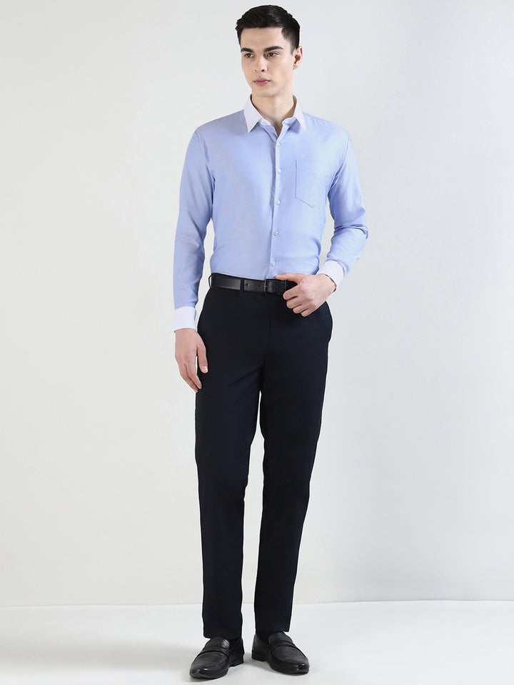 Hancock   Men   Blue   Solid Self Design  French Cuff  Pure Giza Cotton   Slim Fit   Formal   Shirt
