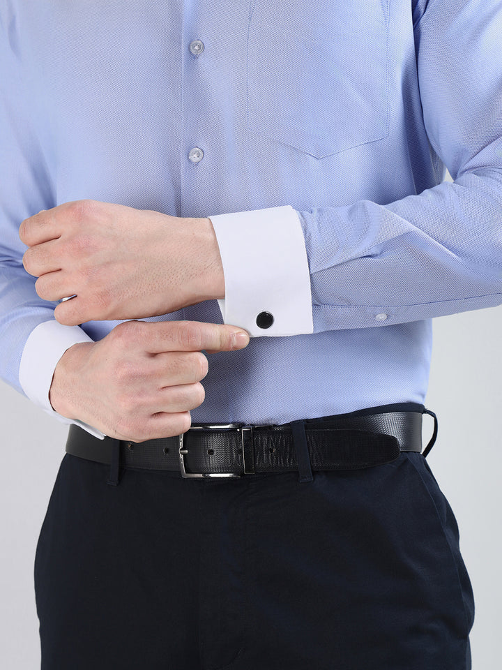 Hancock   Men   Blue   Solid Self Design  French Cuff  Pure Giza Cotton   Slim Fit   Formal   Shirt
