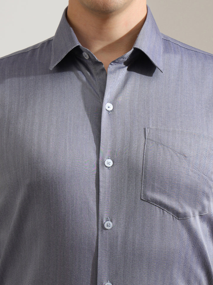 Hancock   Men   Blue   Solid Self Design   Cotton Elastane   Slim Fit   Formal   Shirt