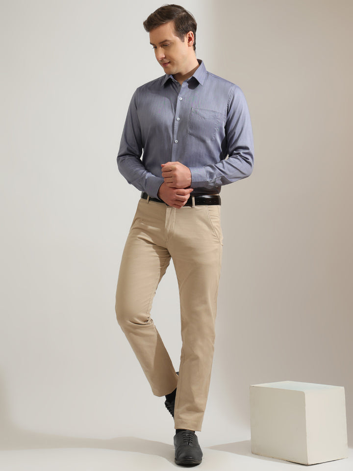 Hancock   Men   Blue   Solid Self Design   Cotton Elastane   Slim Fit   Formal   Shirt