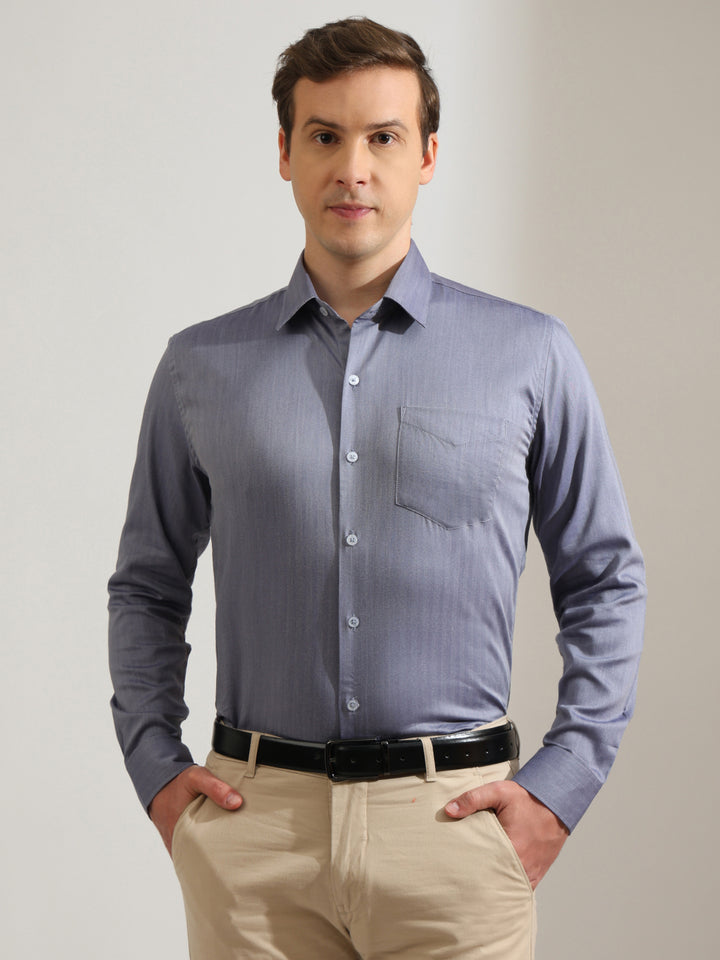 Hancock   Men   Blue   Solid Self Design   Cotton Elastane   Slim Fit   Formal   Shirt