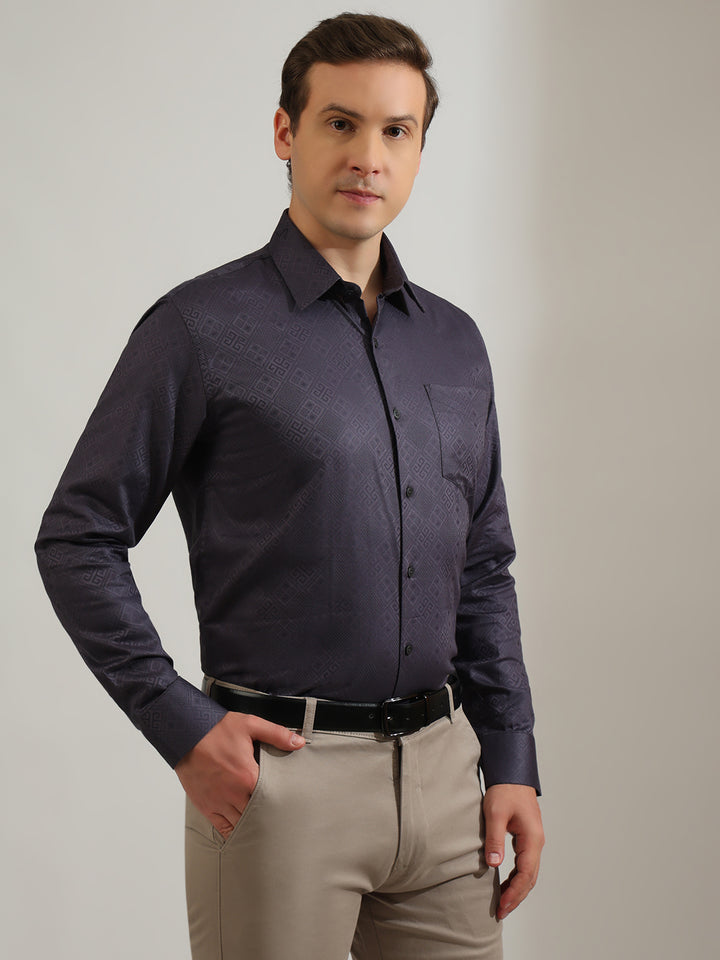 Hancock   Men   Slate Grey   Solid Self Design   Pure Cotton   Slim Fit   Formal   Shirt