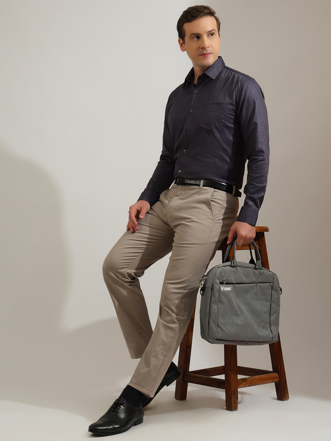 Hancock   Men   Slate Grey   Solid Self Design   Pure Cotton   Slim Fit   Formal   Shirt