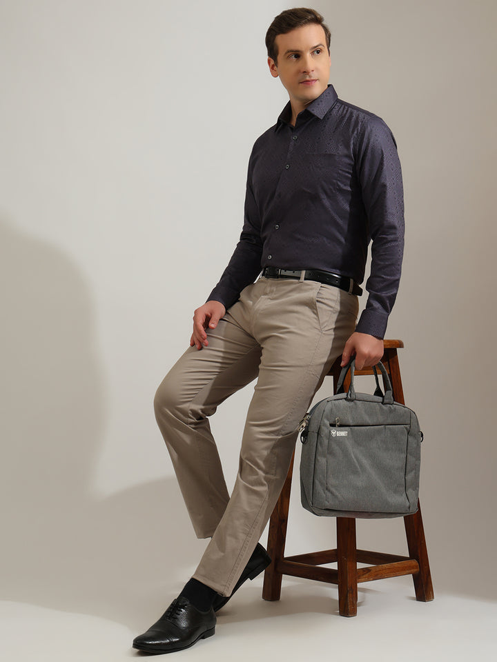 Hancock   Men   Slate Grey   Solid Self Design   Pure Cotton   Slim Fit   Formal   Shirt