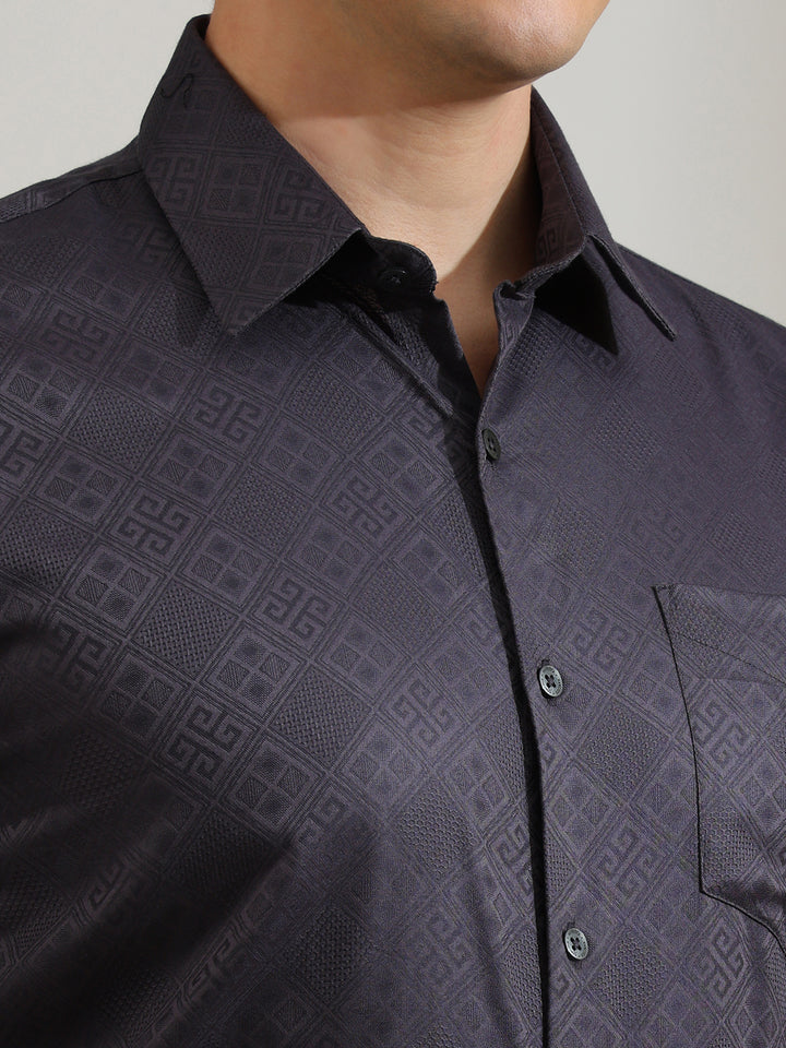 Hancock   Men   Slate Grey   Solid Self Design   Pure Cotton   Slim Fit   Formal   Shirt