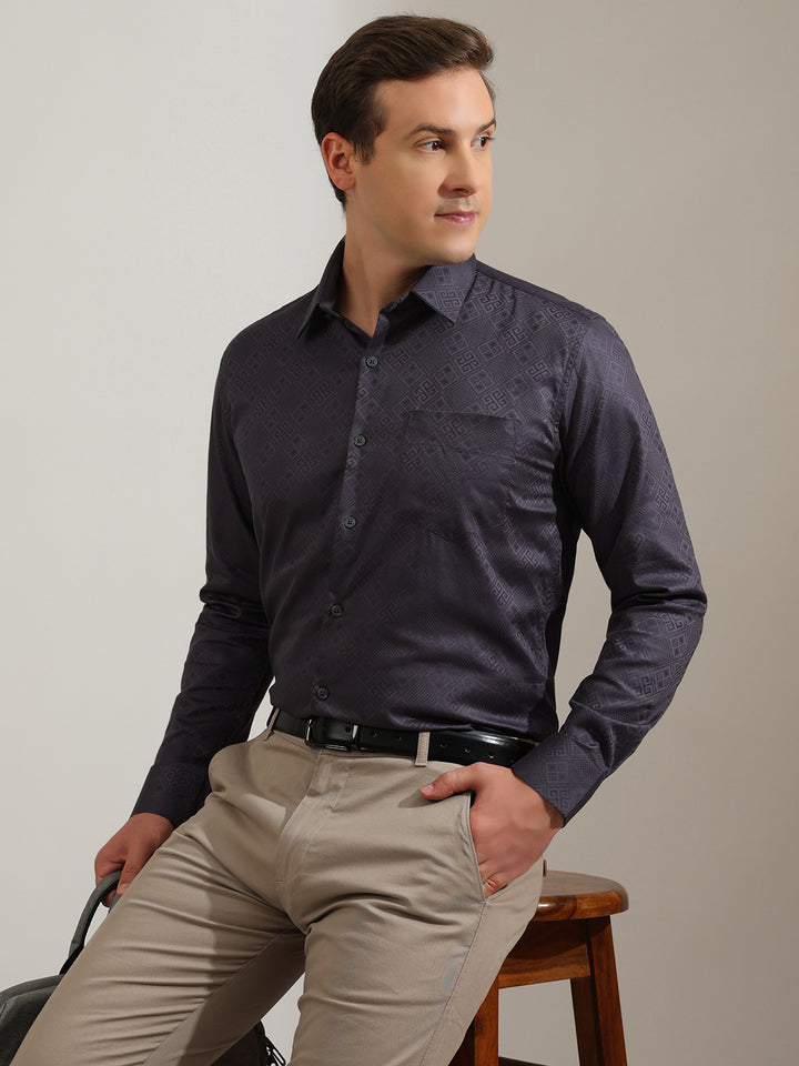 Hancock   Men   Slate Grey   Solid Self Design   Pure Cotton   Slim Fit   Formal   Shirt