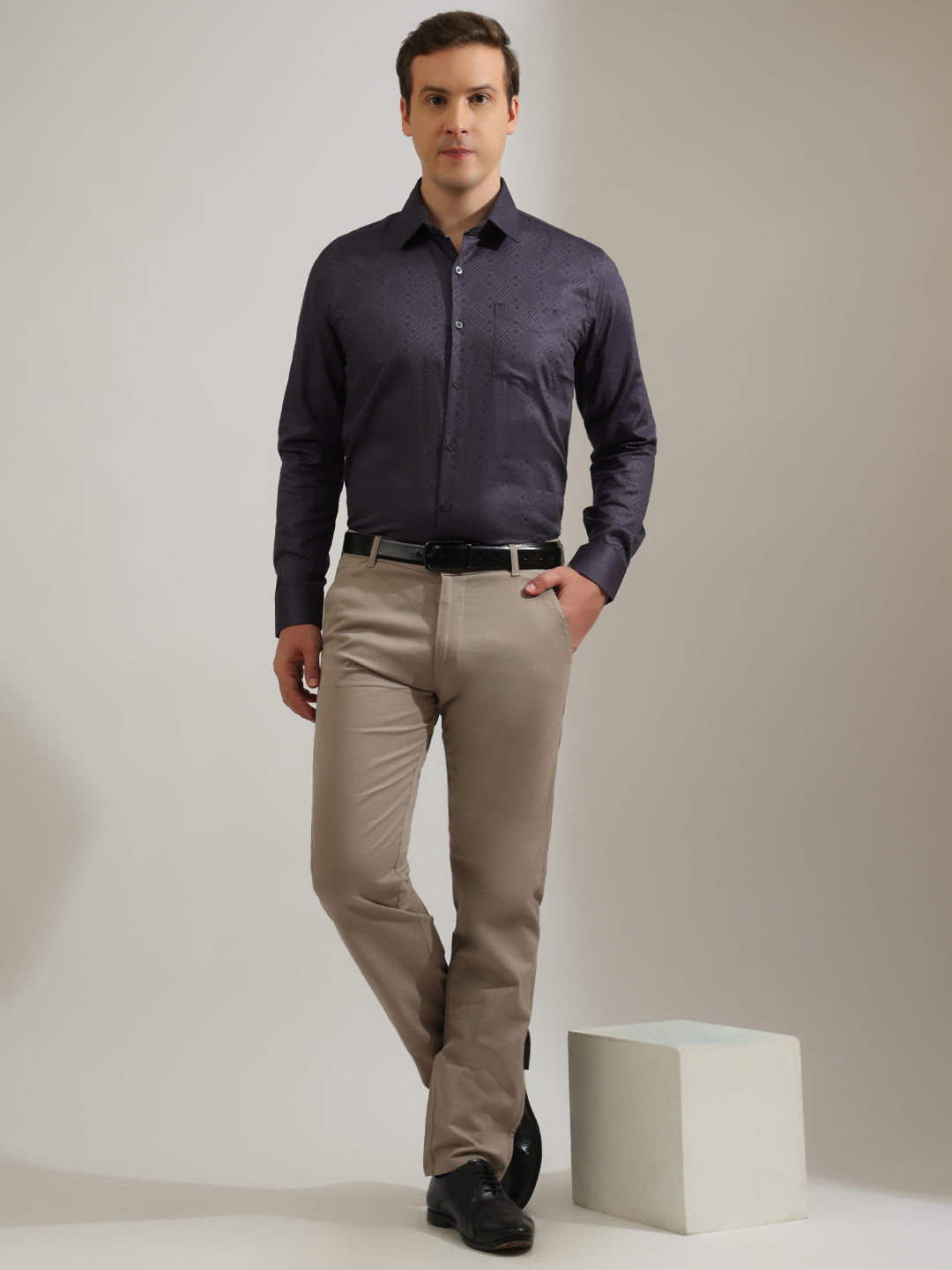 Hancock   Men   Slate Grey   Solid Self Design   Pure Cotton   Slim Fit   Formal   Shirt