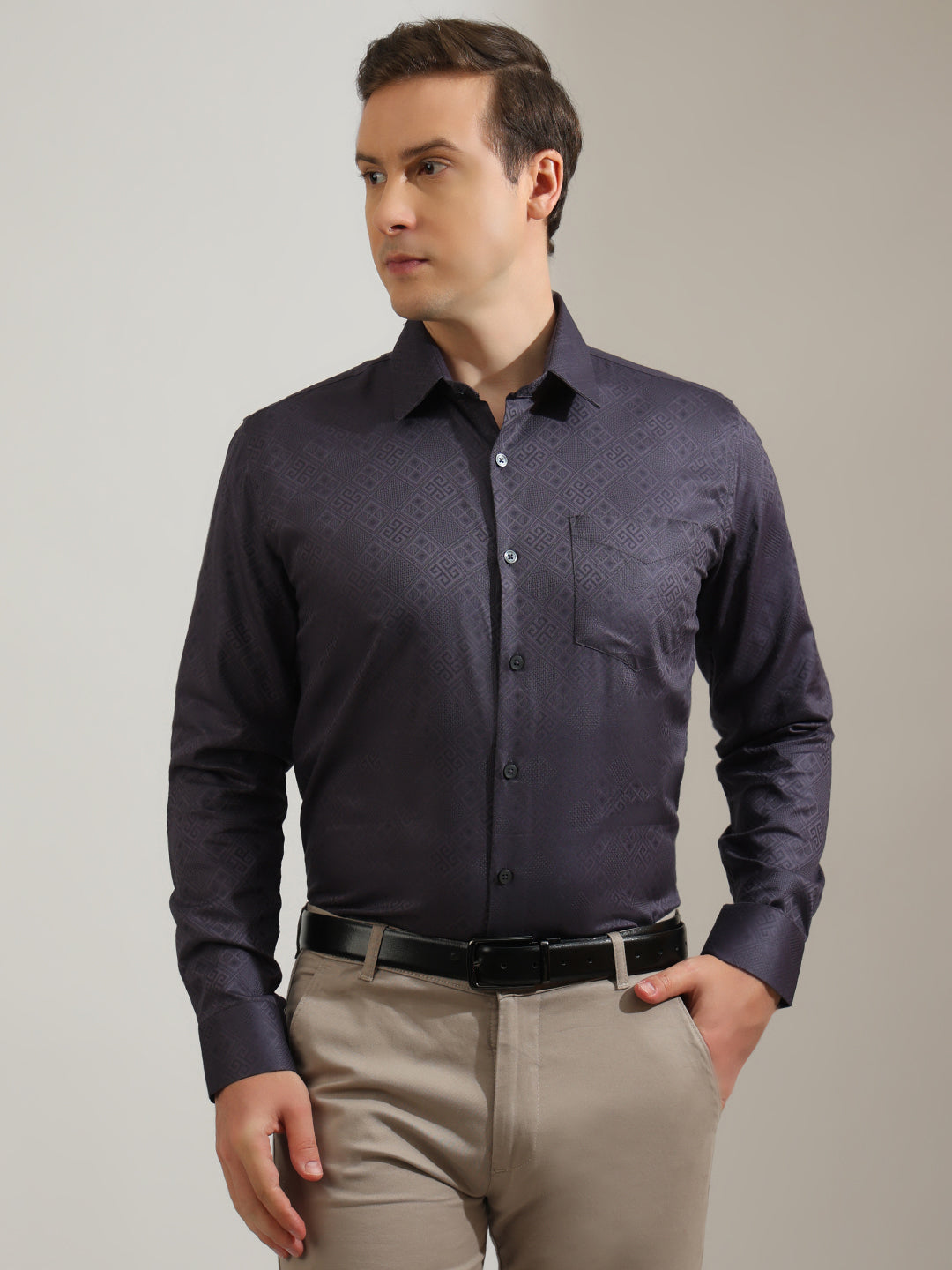 Hancock   Men   Slate Grey   Solid Self Design   Pure Cotton   Slim Fit   Formal   Shirt