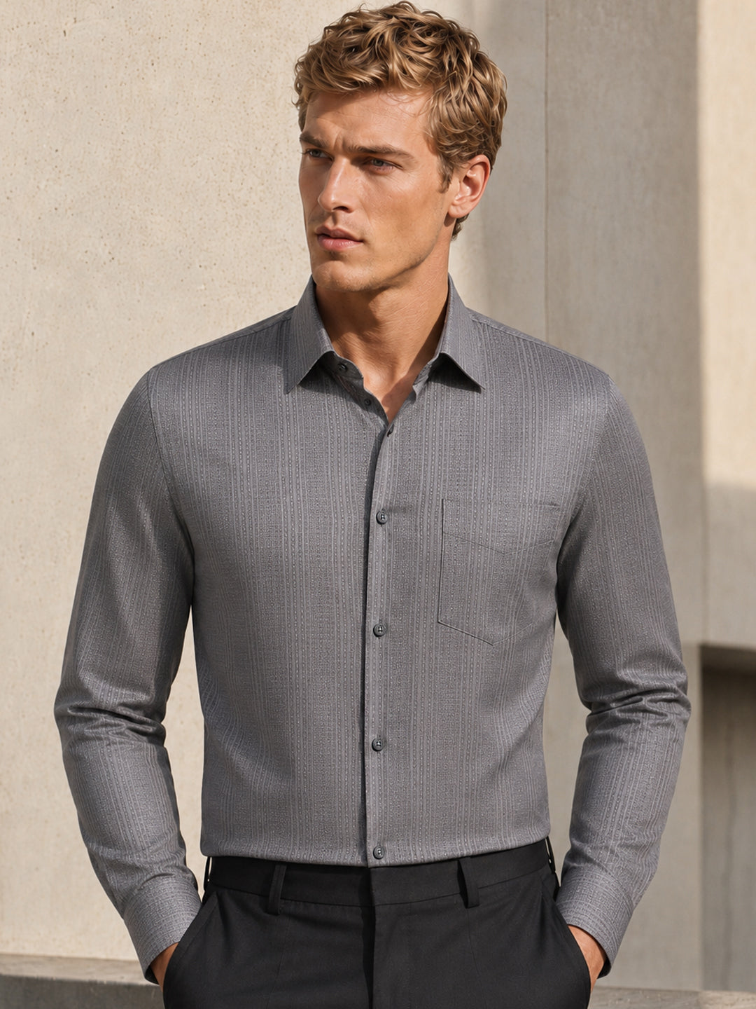 Hancock   Men   Grey   Solid Self Design   Pure Cotton   Slim Fit   Party   Shirt