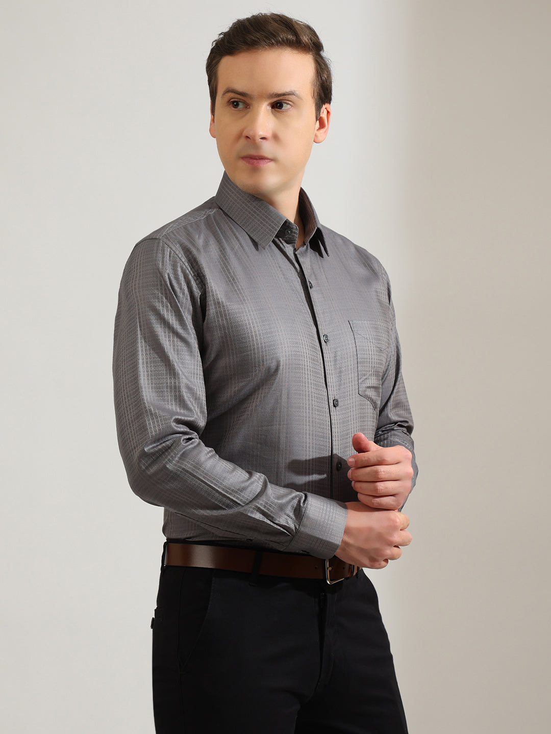 Hancock   Men   Grey   Solid Self Design   Pure Cotton   Slim Fit   Party   Shirt