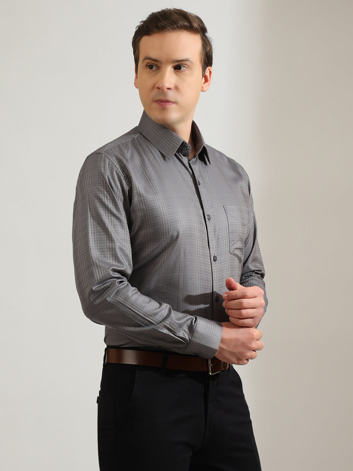Hancock   Men   Grey   Solid Self Design   Pure Cotton   Slim Fit   Party   Shirt