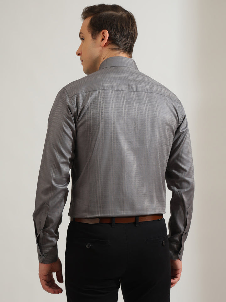 Hancock   Men   Grey   Solid Self Design   Pure Cotton   Slim Fit   Party   Shirt