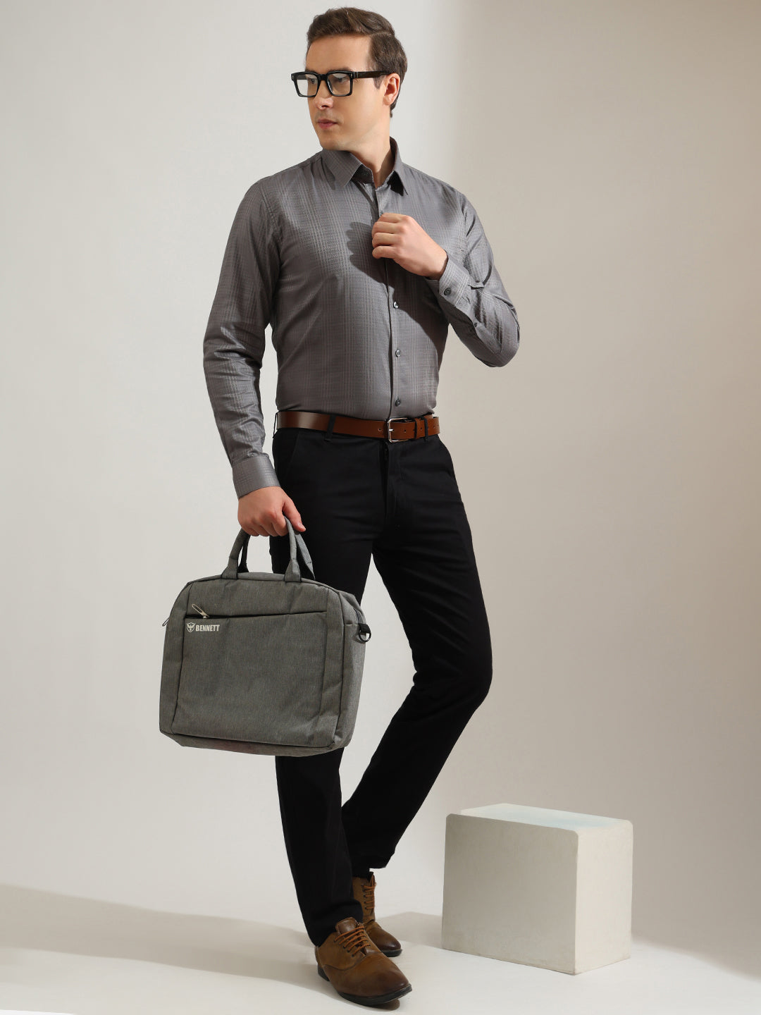 Hancock   Men   Grey   Solid Self Design   Pure Cotton   Slim Fit   Party   Shirt