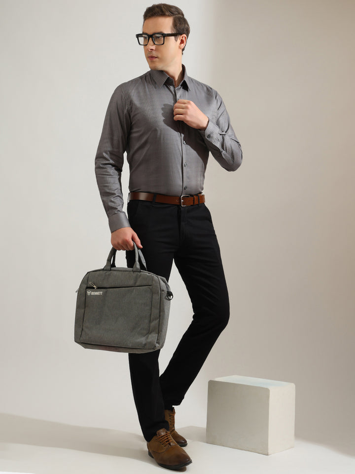 Hancock   Men   Grey   Solid Self Design   Pure Cotton   Slim Fit   Party   Shirt