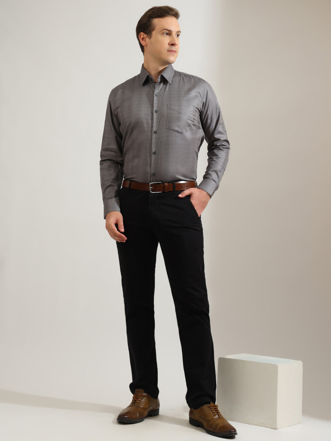 Hancock   Men   Grey   Solid Self Design   Pure Cotton   Slim Fit   Party   Shirt