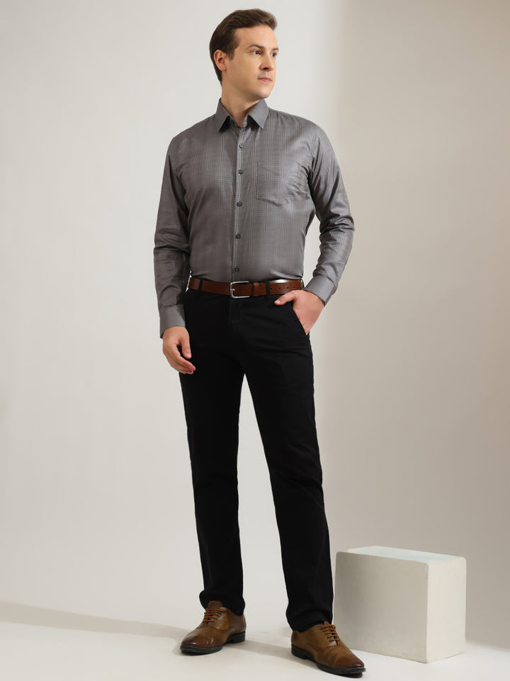 Hancock   Men   Grey   Solid Self Design   Pure Cotton   Slim Fit   Party   Shirt