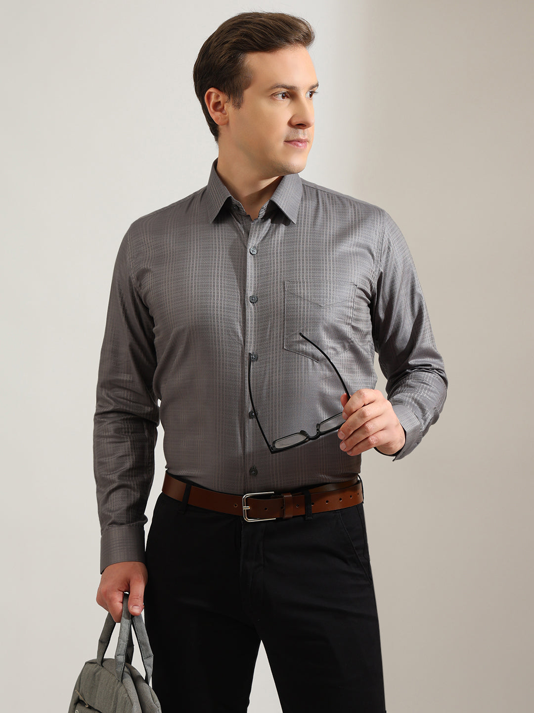 Hancock   Men   Grey   Solid Self Design   Pure Cotton   Slim Fit   Party   Shirt