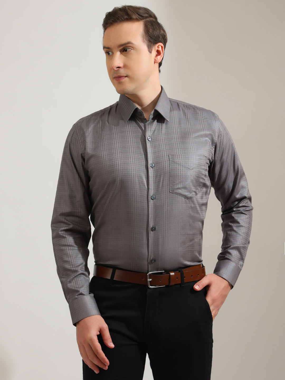 Hancock   Men   Grey   Solid Self Design   Pure Cotton   Slim Fit   Party   Shirt