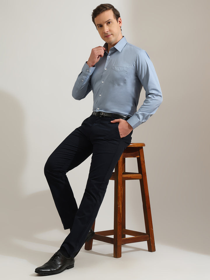Hancock   Men   Bluish Grey   Solids   Cotton Elastane   Slim Fit   Formal   Shirt