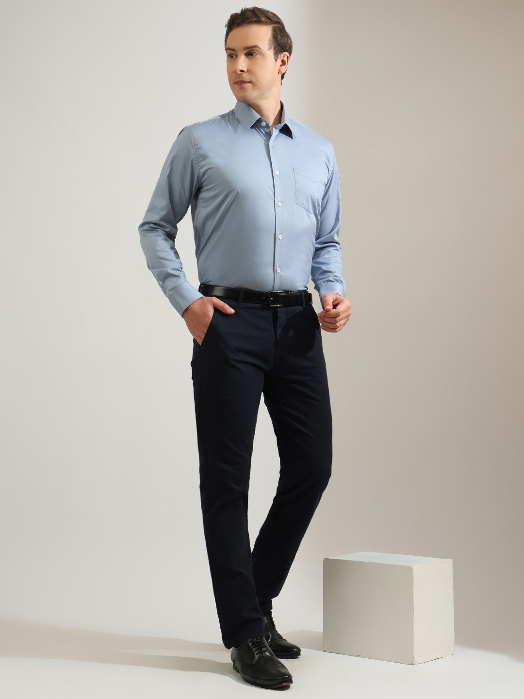 Hancock   Men   Bluish Grey   Solids   Cotton Elastane   Slim Fit   Formal   Shirt