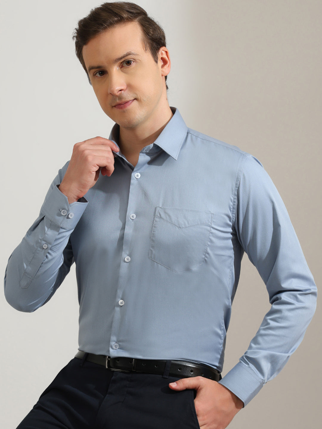 Hancock   Men   Bluish Grey   Solids   Cotton Elastane   Slim Fit   Formal   Shirt