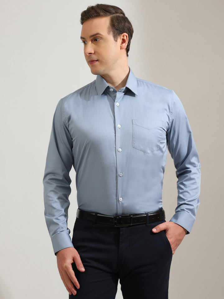 Hancock   Men   Bluish Grey   Solids   Cotton Elastane   Slim Fit   Formal   Shirt