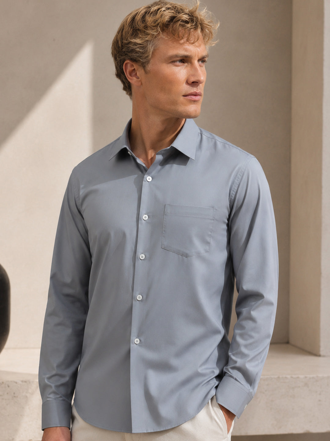 Hancock   Men   Grey   Solids   Cotton Elastane   Slim Fit   Formal   Shirt