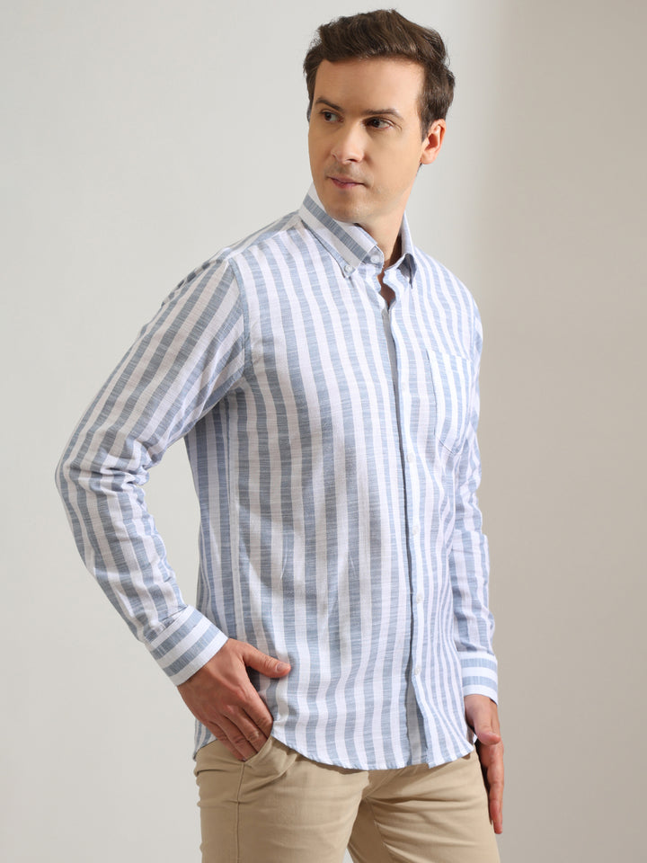 Hancock   Men   White & Blue   Stripes   Pure Cotton   Slim Fit   Formal   Shirt