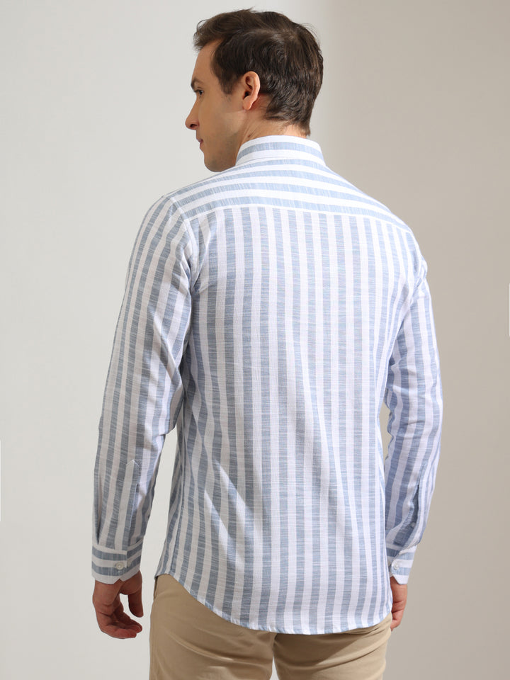 Hancock   Men   White & Blue   Stripes   Pure Cotton   Slim Fit   Formal   Shirt