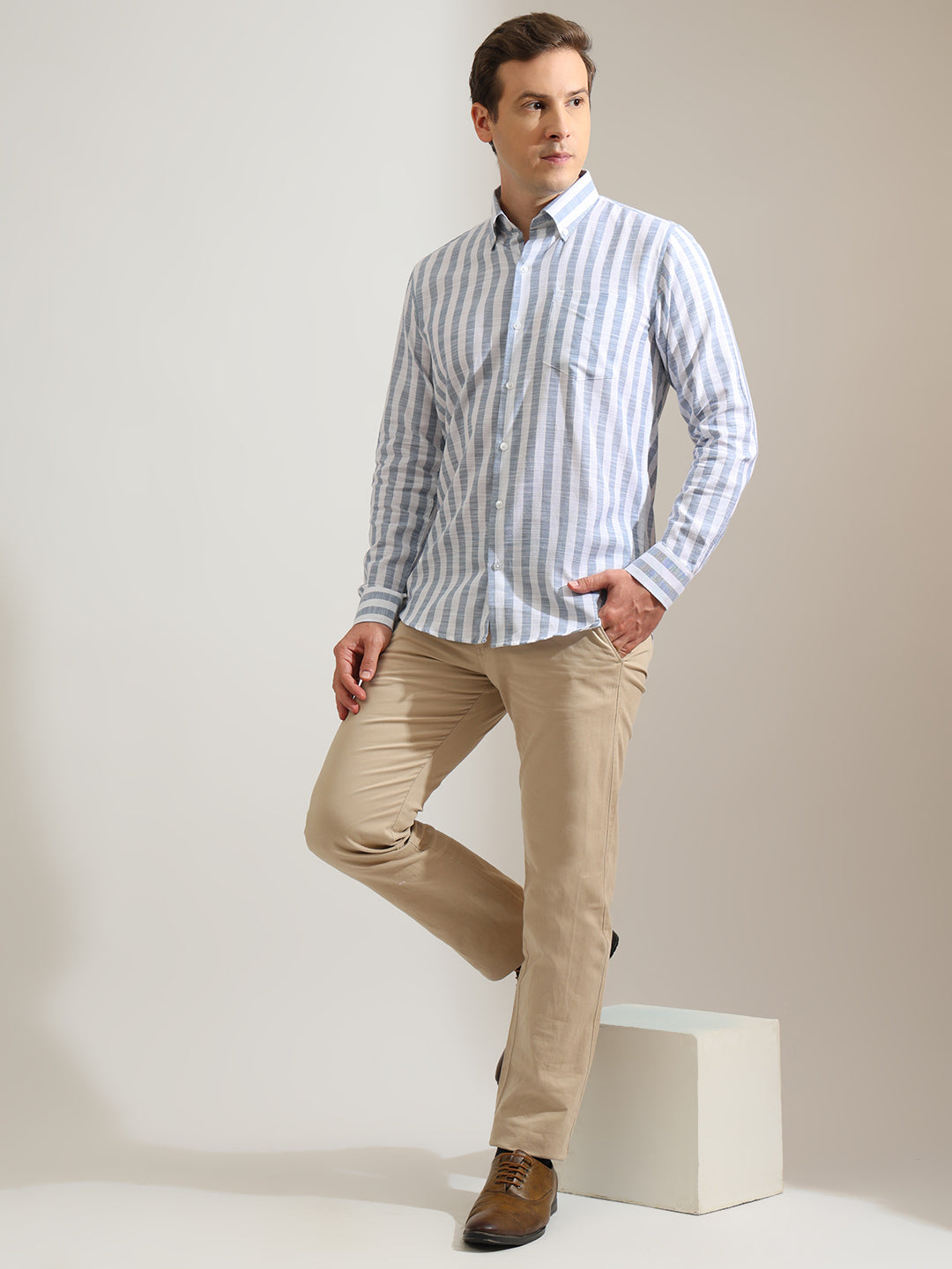 Hancock   Men   White & Blue   Stripes   Pure Cotton   Slim Fit   Formal   Shirt