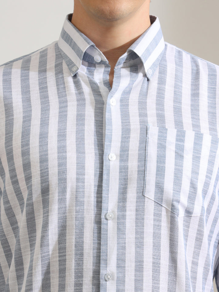 Hancock   Men   White & Blue   Stripes   Pure Cotton   Slim Fit   Formal   Shirt