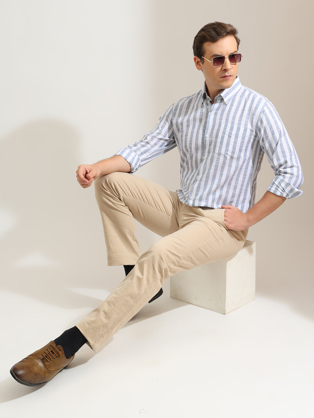 Hancock   Men   White & Blue   Stripes   Pure Cotton   Slim Fit   Formal   Shirt