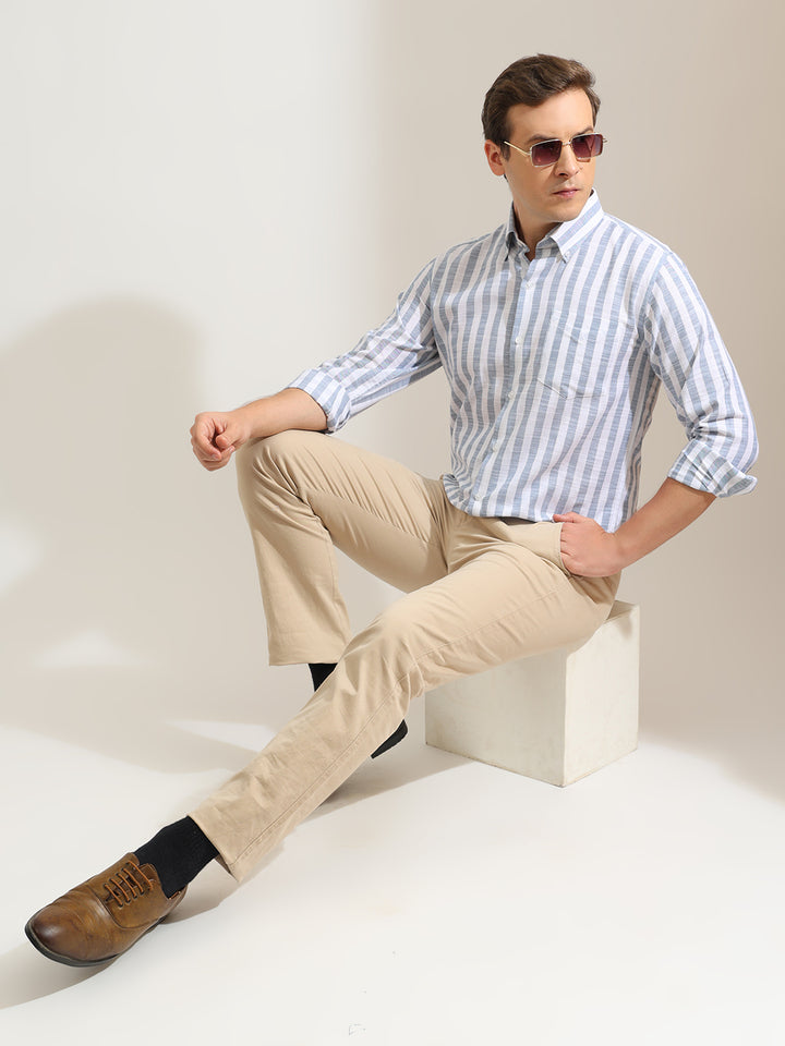 Hancock   Men   White & Blue   Stripes   Pure Cotton   Slim Fit   Formal   Shirt