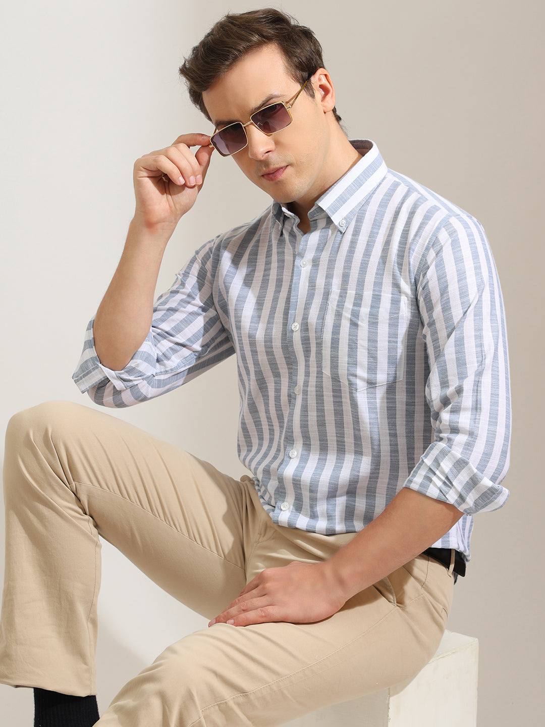 Hancock   Men   White & Blue   Stripes   Pure Cotton   Slim Fit   Formal   Shirt