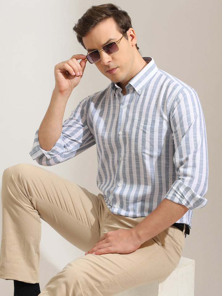 Hancock   Men   White & Blue   Stripes   Pure Cotton   Slim Fit   Formal   Shirt