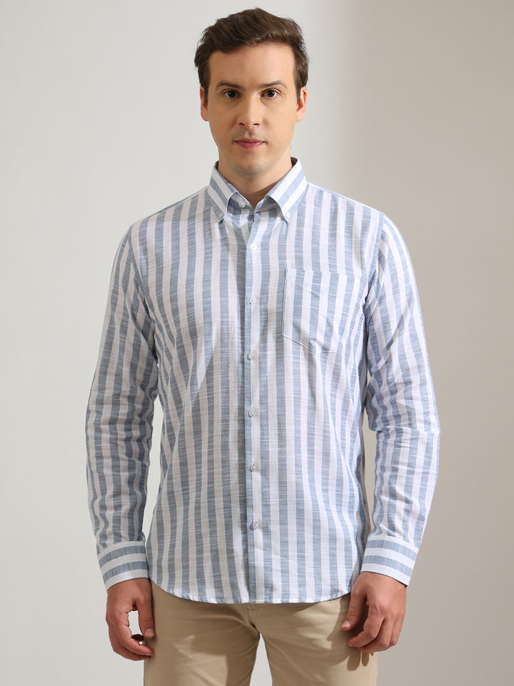 Hancock   Men   White & Blue   Stripes   Pure Cotton   Slim Fit   Formal   Shirt