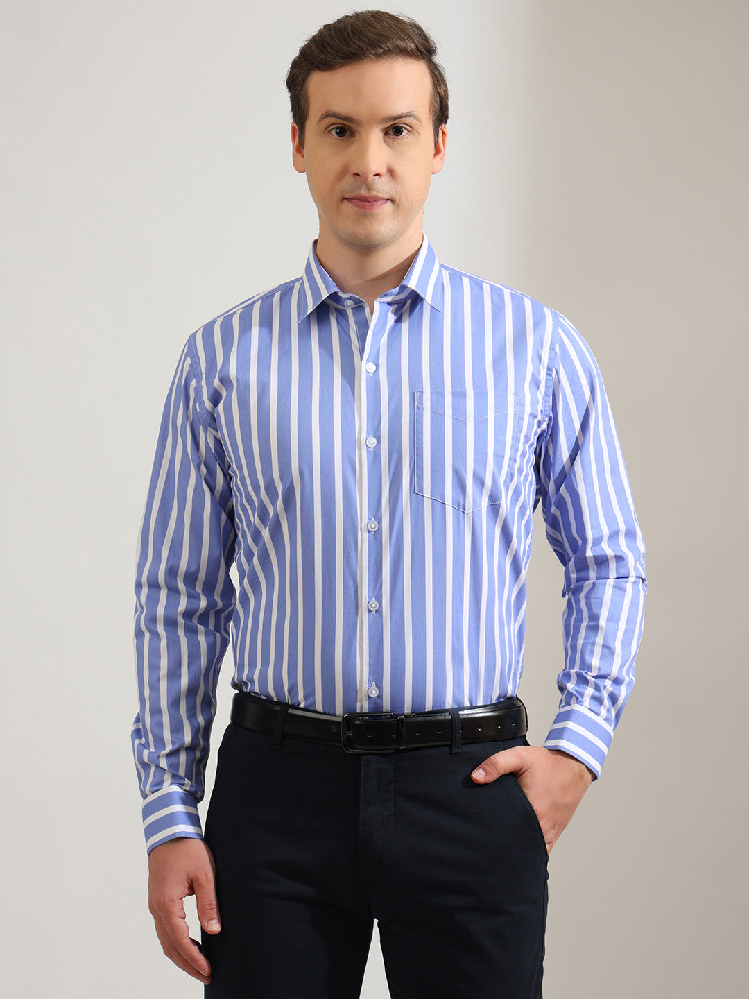 Hancock   Men   Blue & White   Stripes   Pure Cotton   Slim Fit   Formal   Shirt