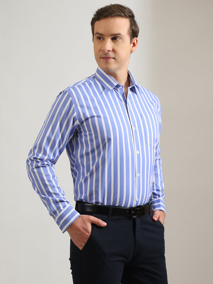Hancock   Men   Blue & White   Stripes   Pure Cotton   Slim Fit   Formal   Shirt