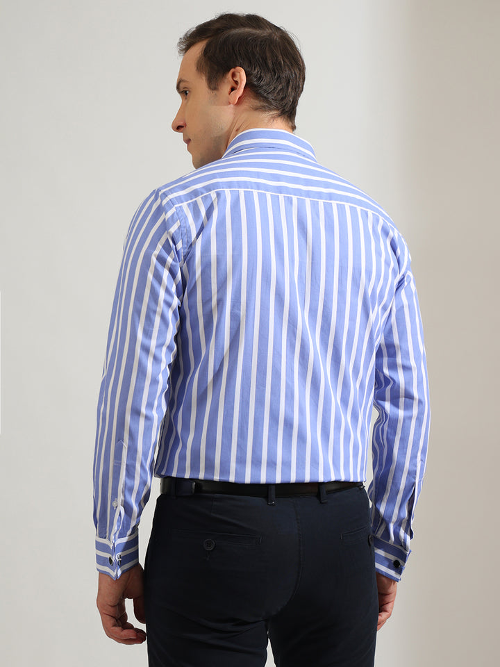 Hancock   Men   Blue & White   Stripes   Pure Cotton   Slim Fit   Formal   Shirt