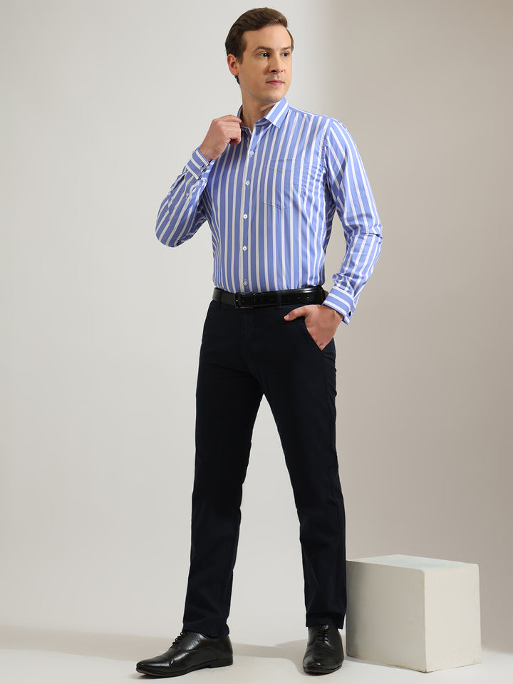 Hancock   Men   Blue & White   Stripes   Pure Cotton   Slim Fit   Formal   Shirt