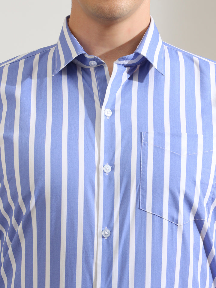 Hancock   Men   Blue & White   Stripes   Pure Cotton   Slim Fit   Formal   Shirt