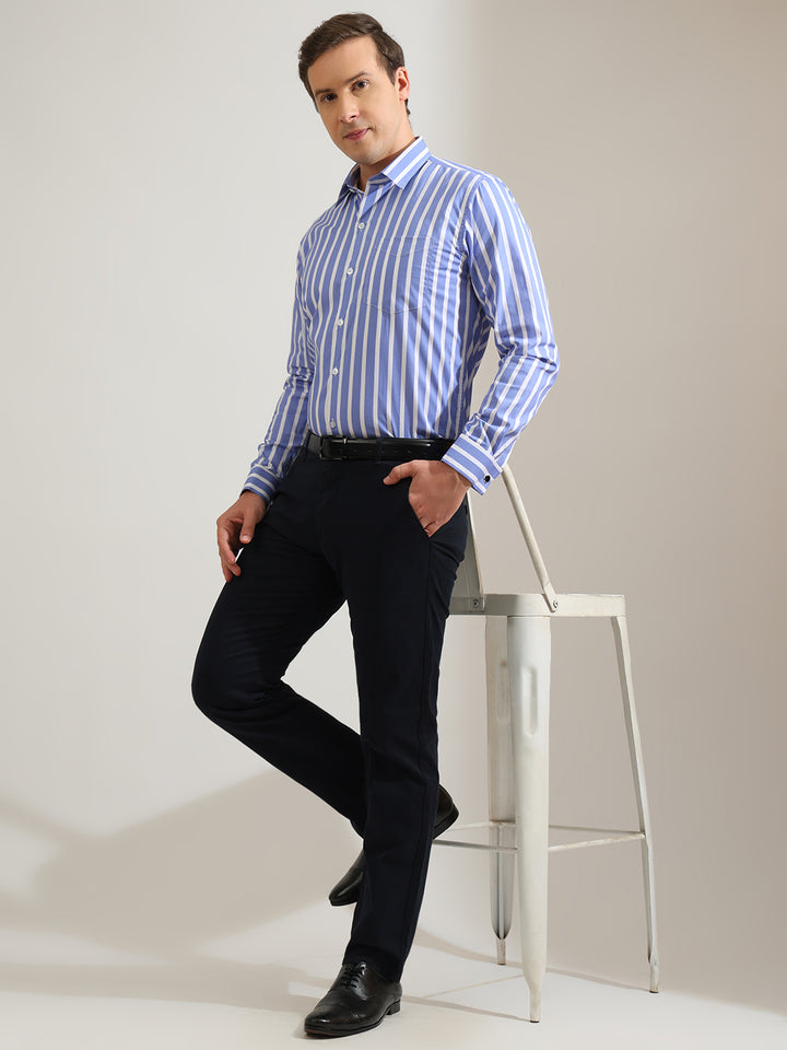 Hancock   Men   Blue & White   Stripes   Pure Cotton   Slim Fit   Formal   Shirt