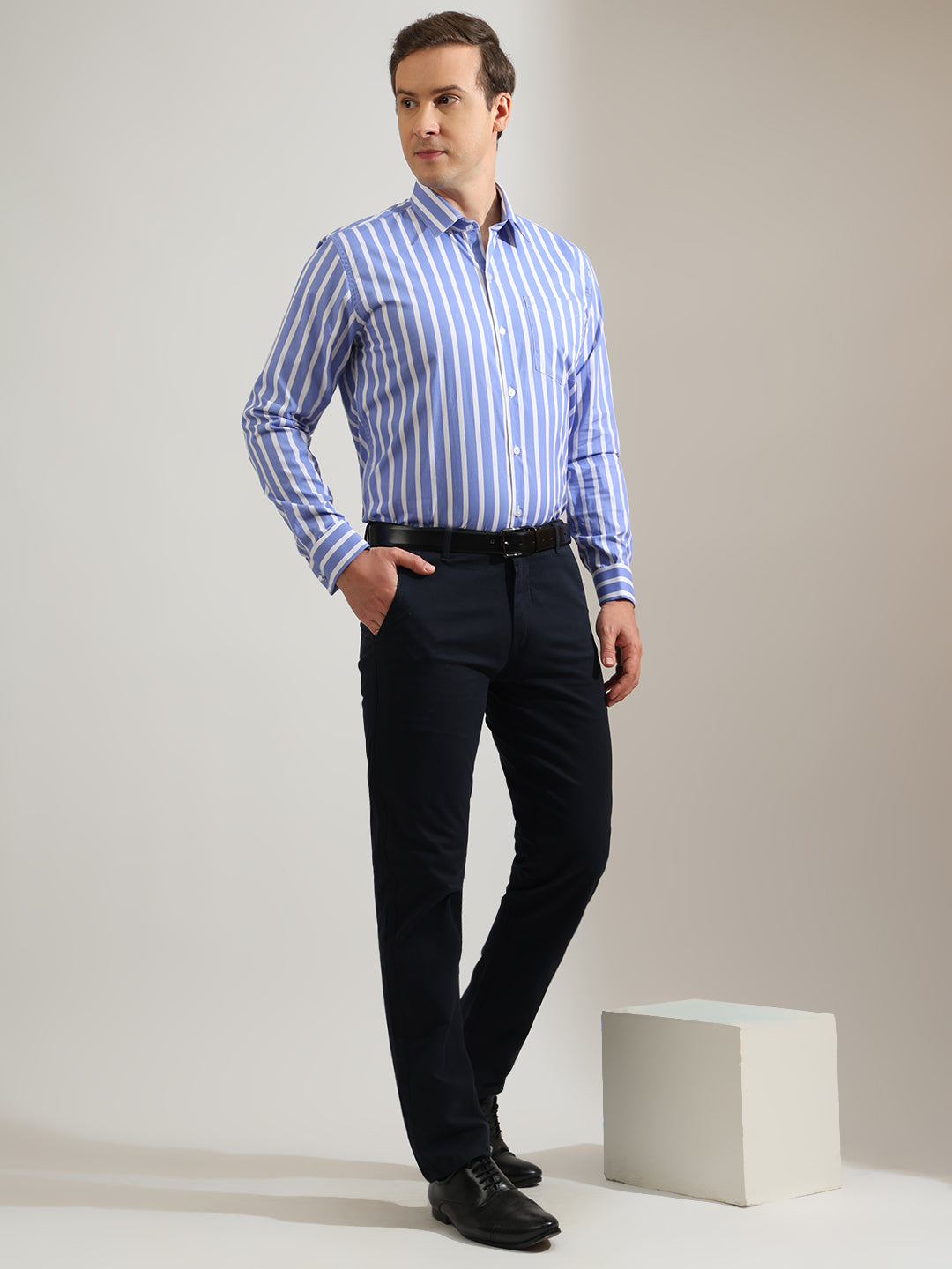 Hancock   Men   Blue & White   Stripes   Pure Cotton   Slim Fit   Formal   Shirt